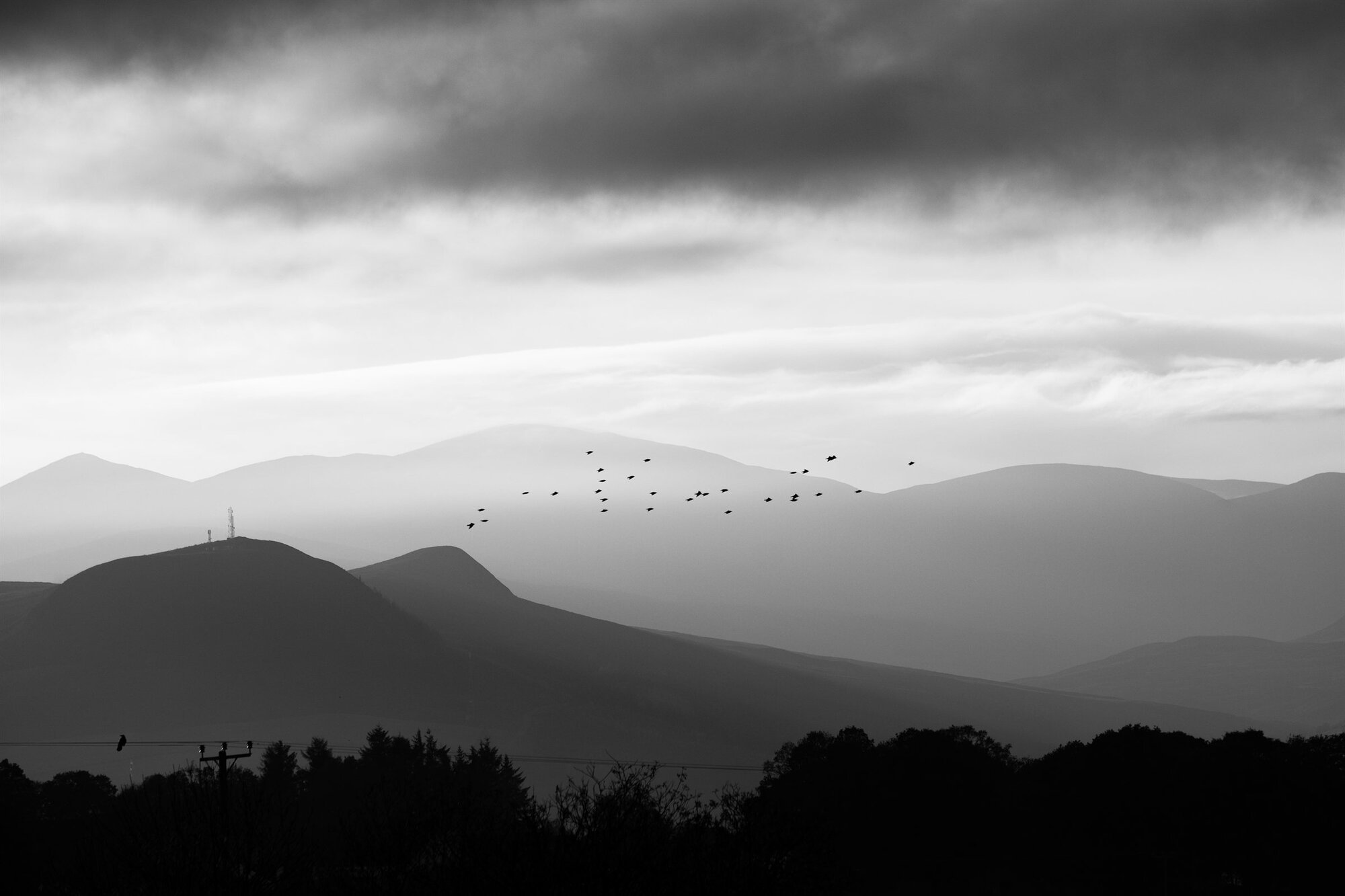Layers of hazy hills under cloud, a flock of birds above
