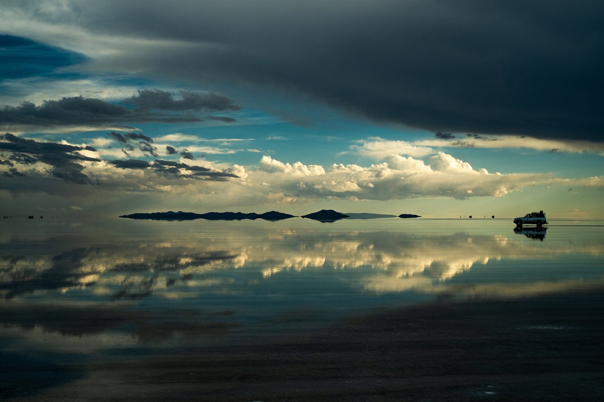 Dusk light reflected on the flooded salt flats