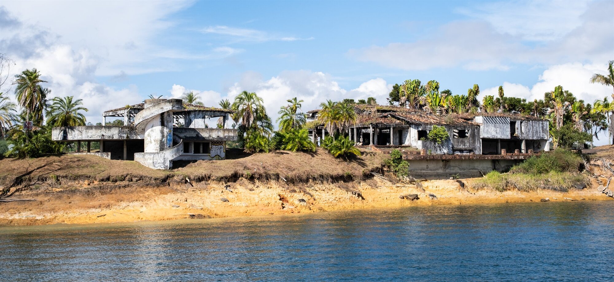 Houses among palms on the shore of the lake